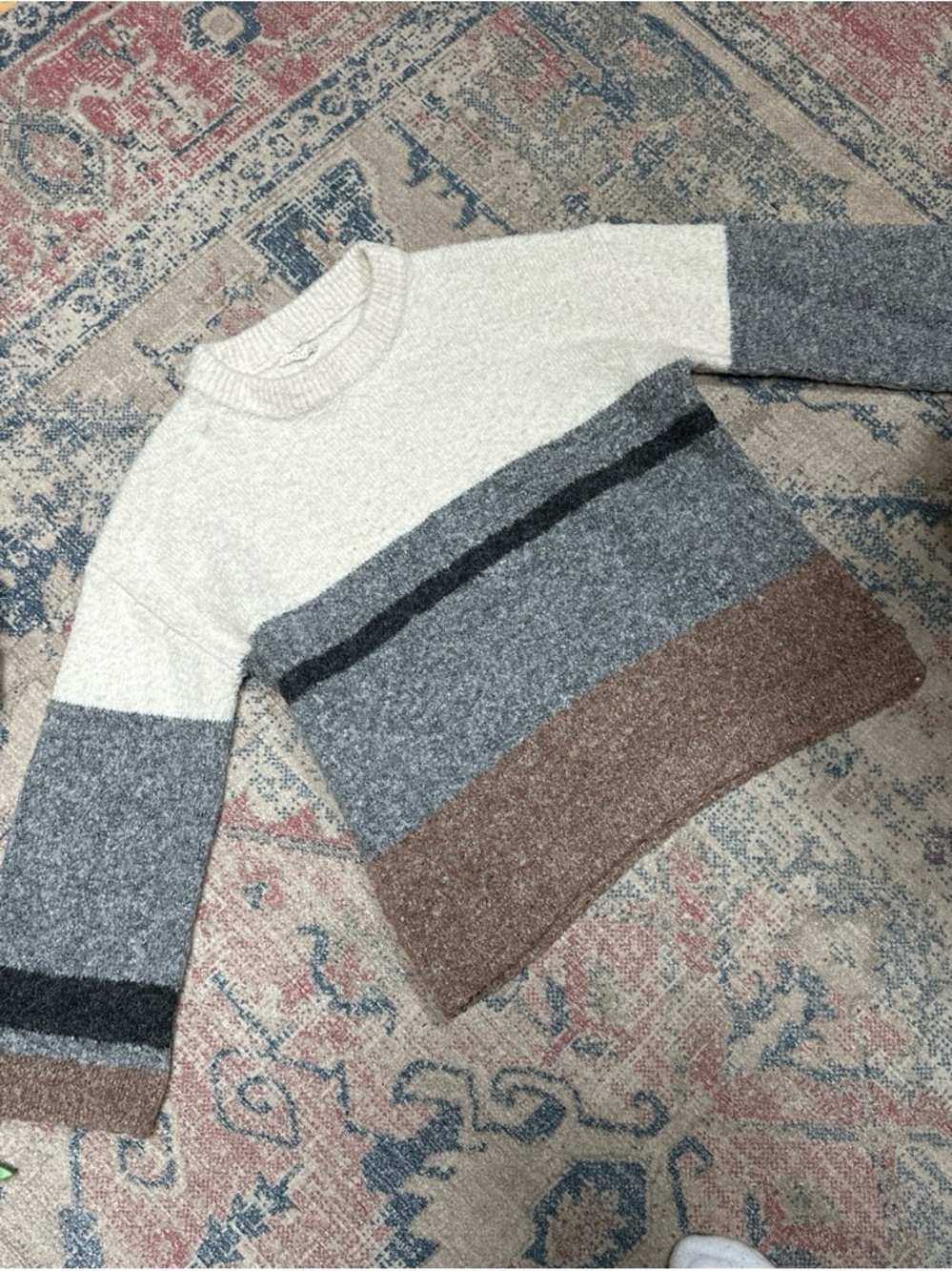 Colorblock Crewneck Sweater - Cream, Gray & Brown